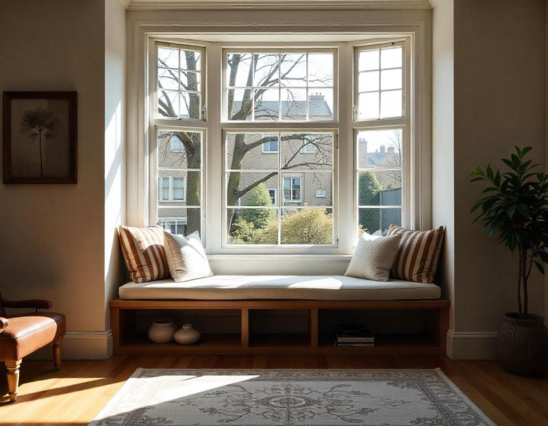 Bay Window Bench Seating with Storage Shelves