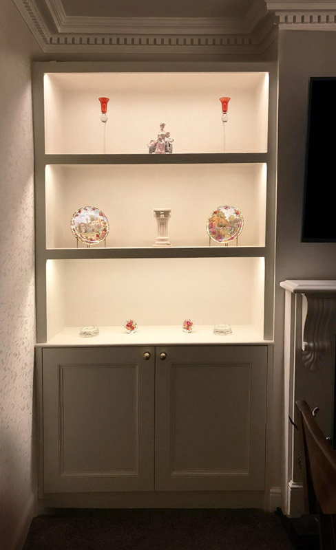 Chimney Breast Alcove cupboards shelves london with lighting