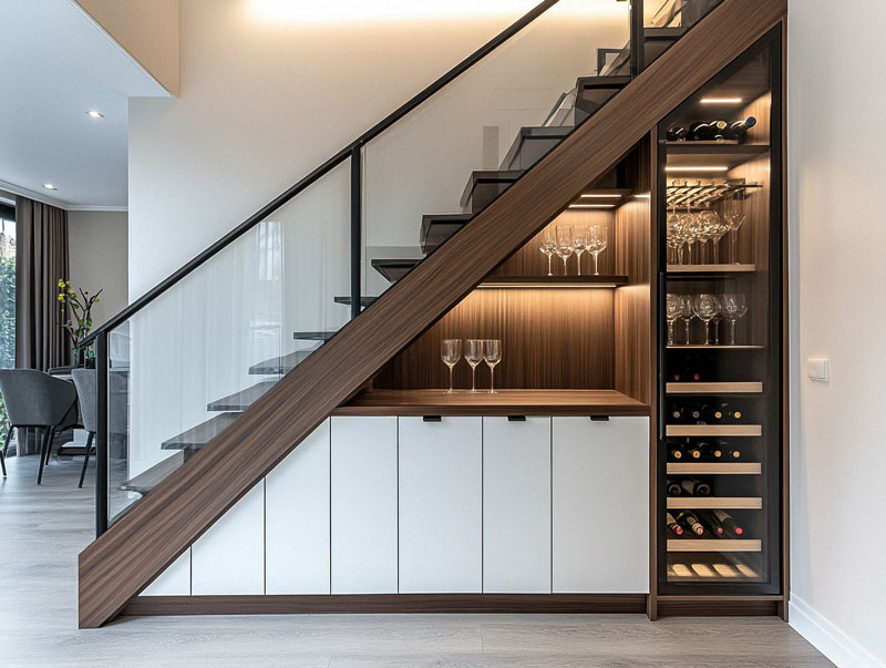 wine fridge under stairs